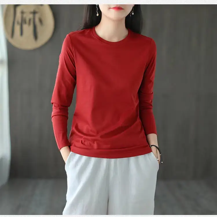 Women Red V-Neck Long Sleeve T-Shirt - Image 5