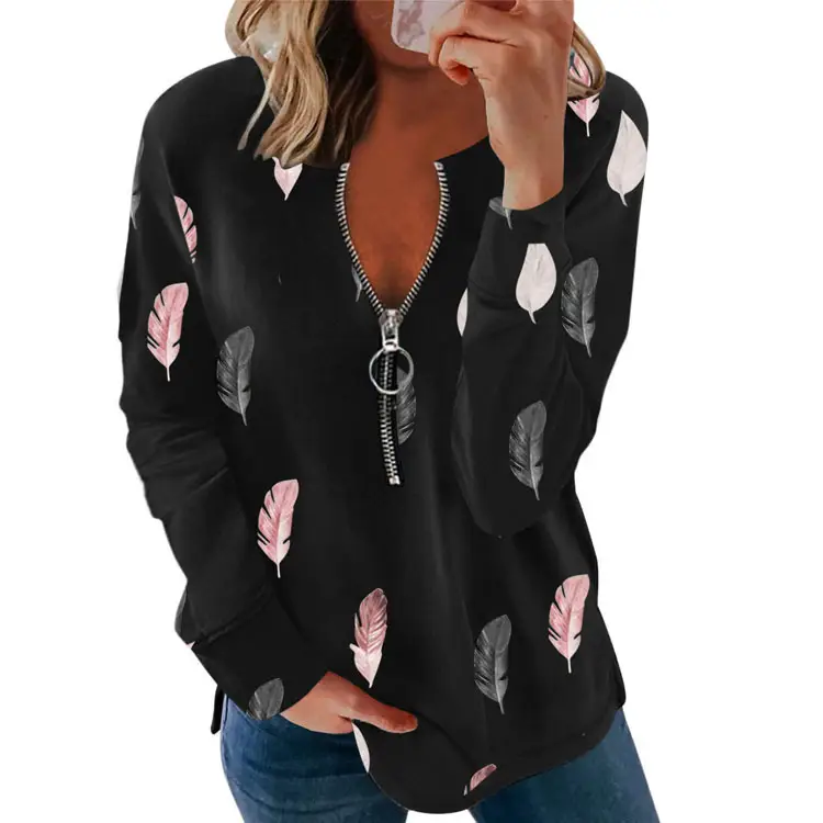 Black Feather Print V-Neck Long Sleeve Women's Sweater - Image 12