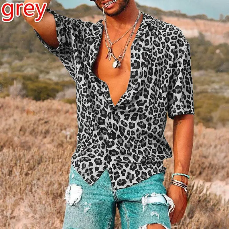 Men's Grey Leopard Print V-Neck Shirt - Image 3