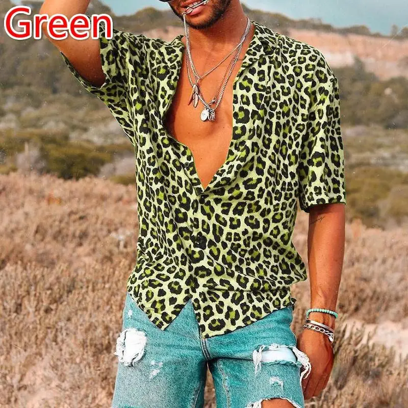 Men's Grey Leopard Print V-Neck Shirt - Image 5