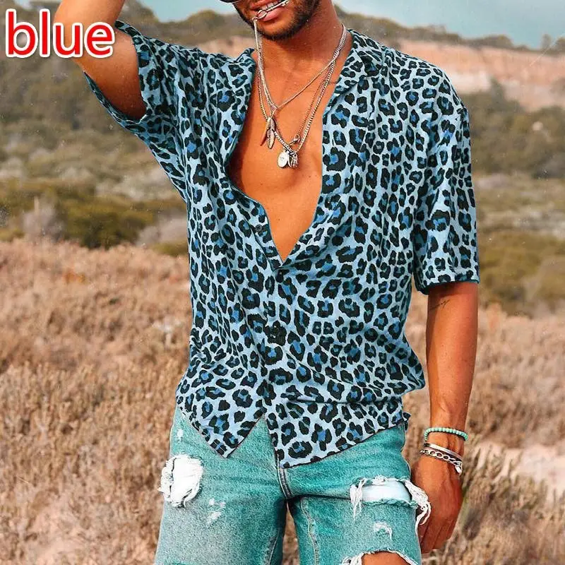 Men's Grey Leopard Print V-Neck Shirt - Image 4