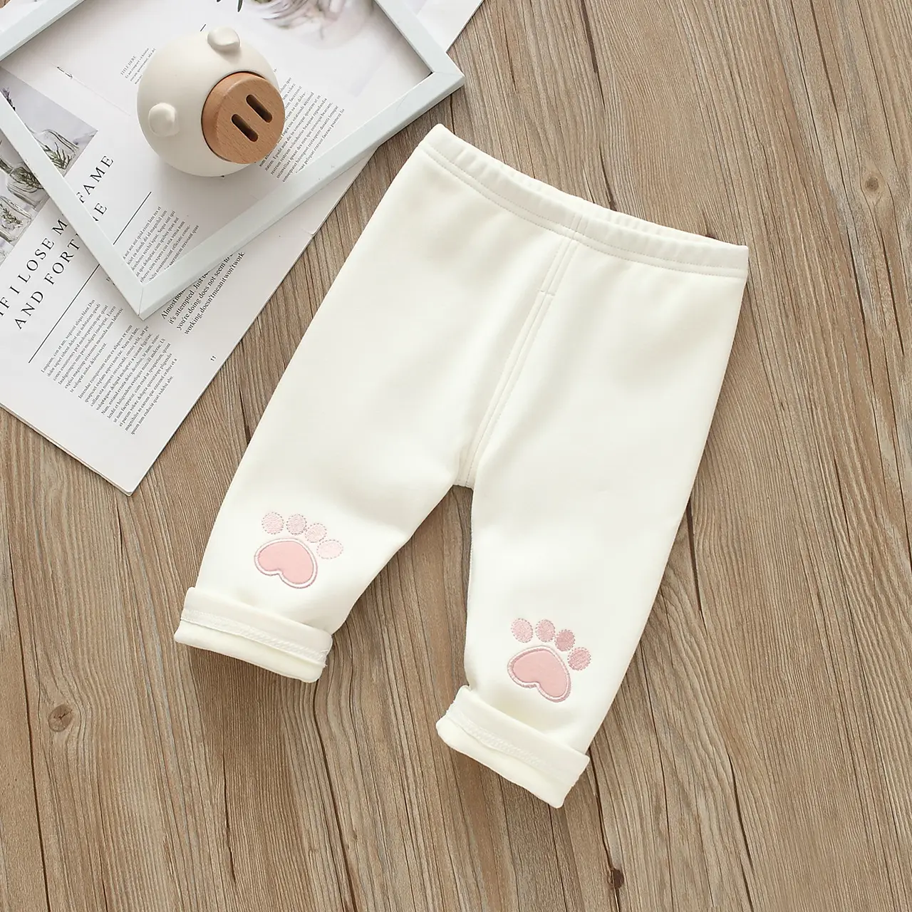 Baby Fleece Belly Pants Cream White Paw Print - Image 4