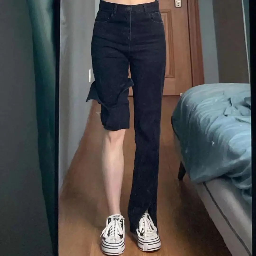 Split Black Jeans Women's Slimming Fleece Lined High Waist - Image 3