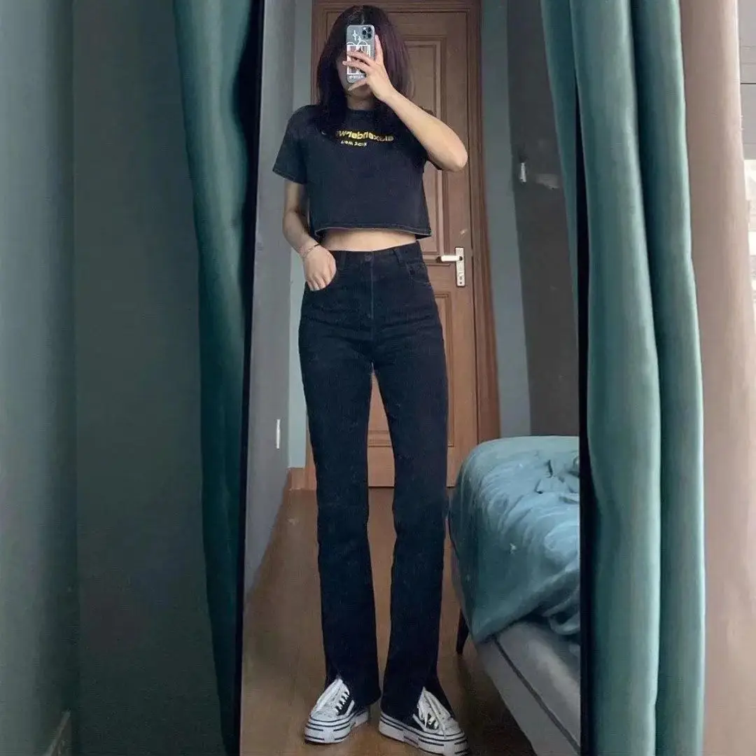 Split Black Jeans Women's Slimming Fleece Lined High Waist - Image 4
