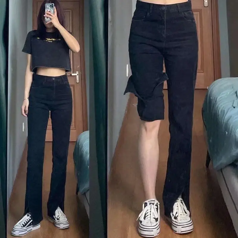 Split Black Jeans Women's Slimming Fleece Lined High Waist - Image 5