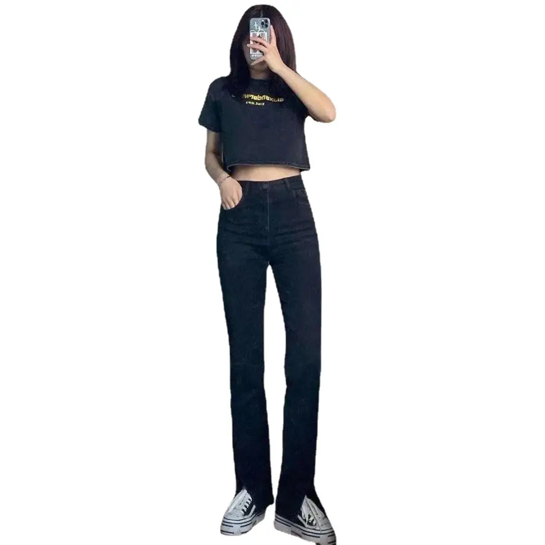 Split Black Jeans Women's Slimming Fleece Lined High Waist - Image 6