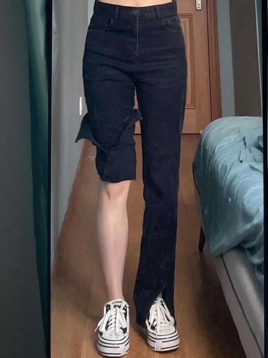 Split Black Jeans Women's Slimming Fleece Lined High Waist — feature 21