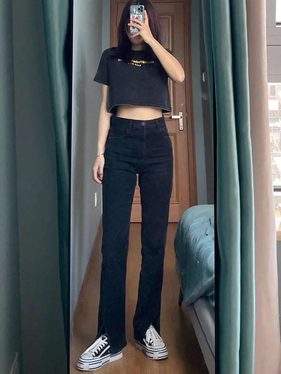 Split Black Jeans Women's Slimming Fleece Lined High Waist — feature 23