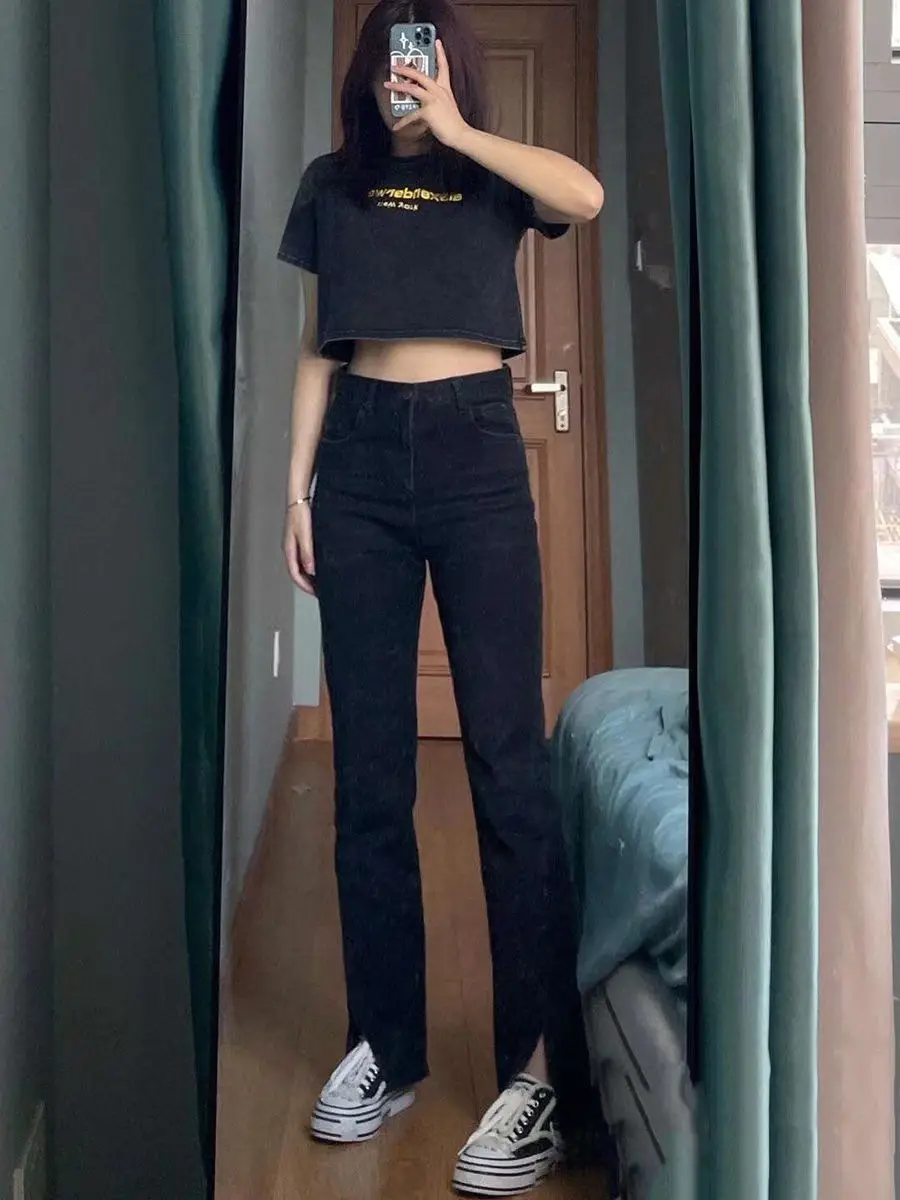 Split Black Jeans Women's Slimming Fleece Lined High Waist — feature 24