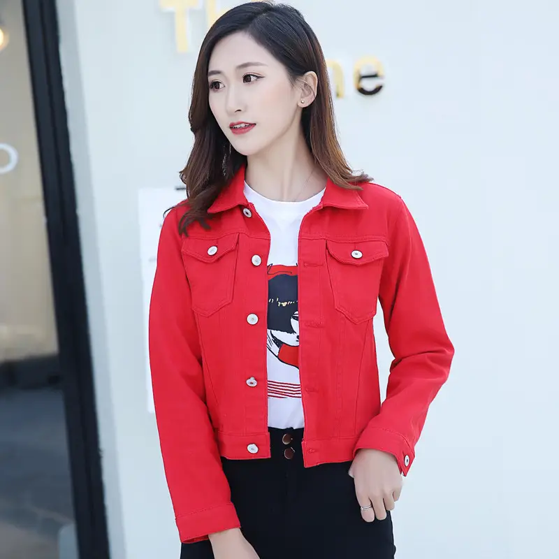 Women Red Denim Jacket Slim Fit 2019 - Image 9