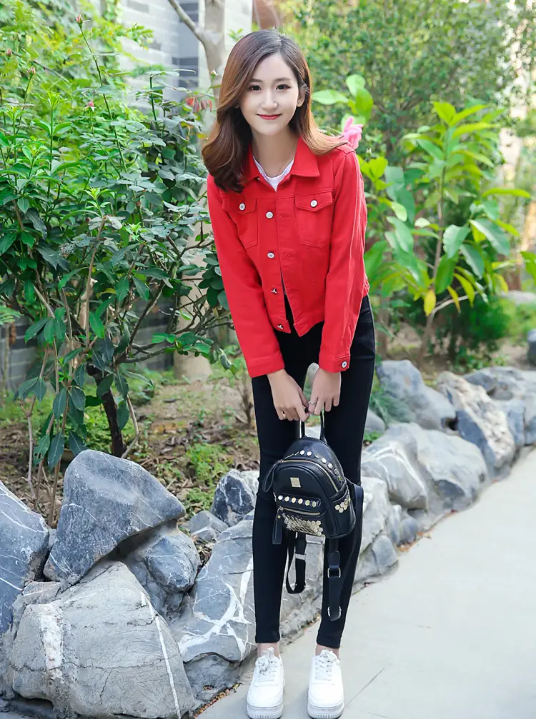 Women Red Denim Jacket Slim Fit 2019 — feature 13