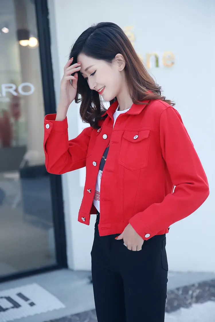 Women Red Denim Jacket Slim Fit 2019 — feature 27