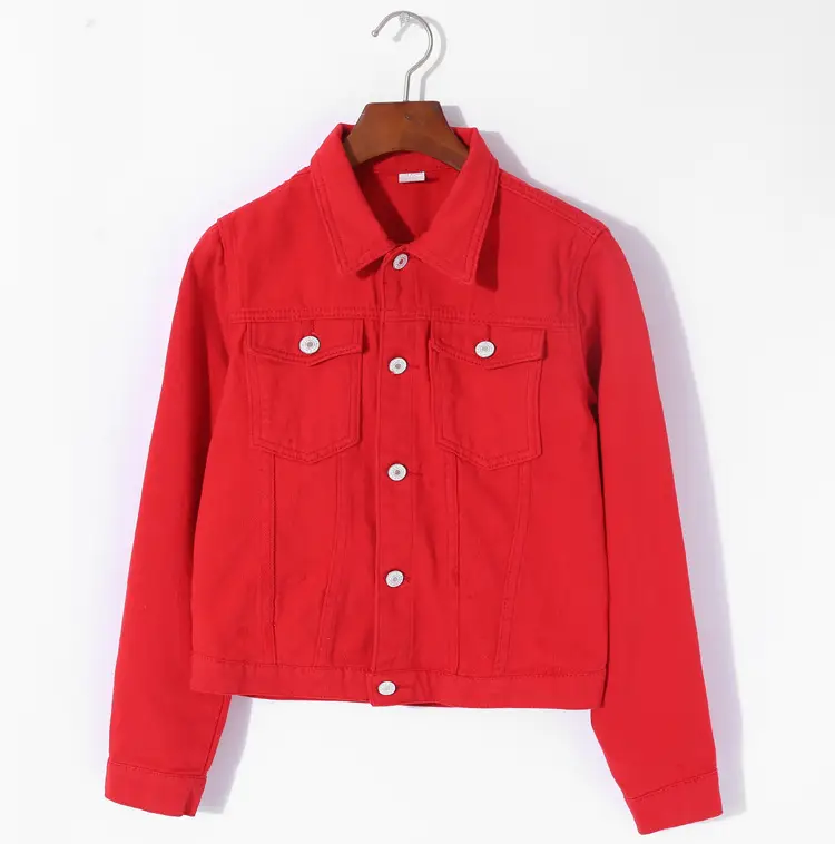 Women Red Denim Jacket Slim Fit 2019 — feature 37