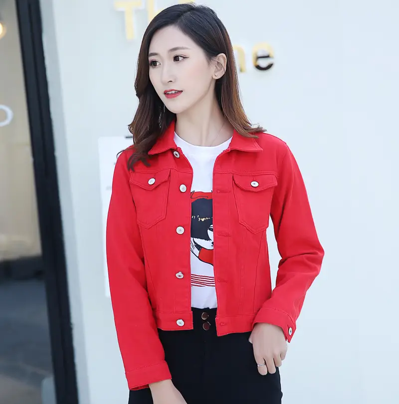 Women Red Denim Jacket Slim Fit 2019 - Image 3