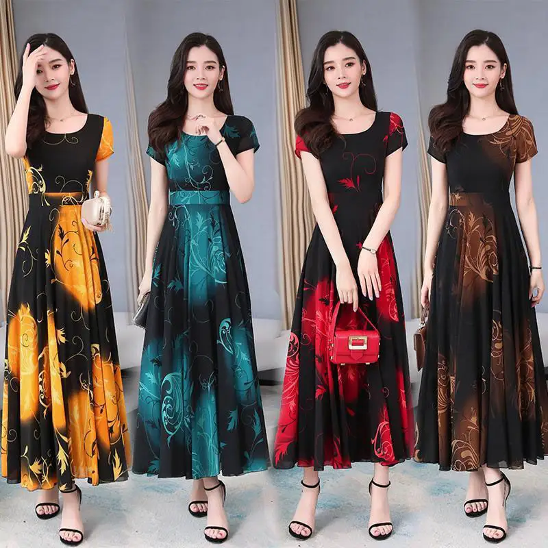 Women's Printed Long Dress Teal Black Summer Wear - Image 6