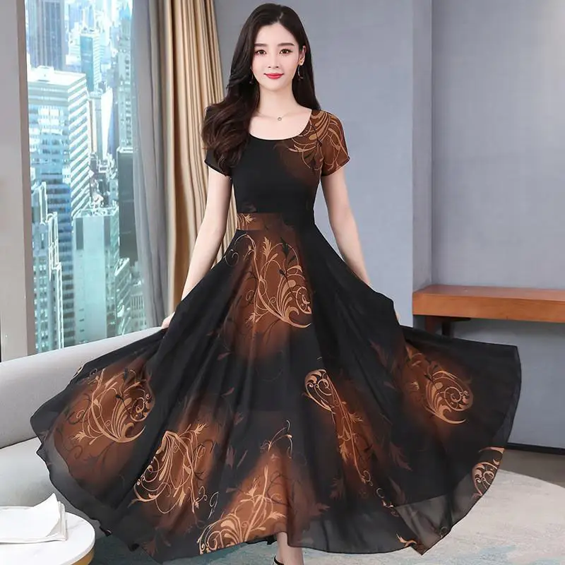 Women's Printed Long Dress Teal Black Summer Wear - Image 8