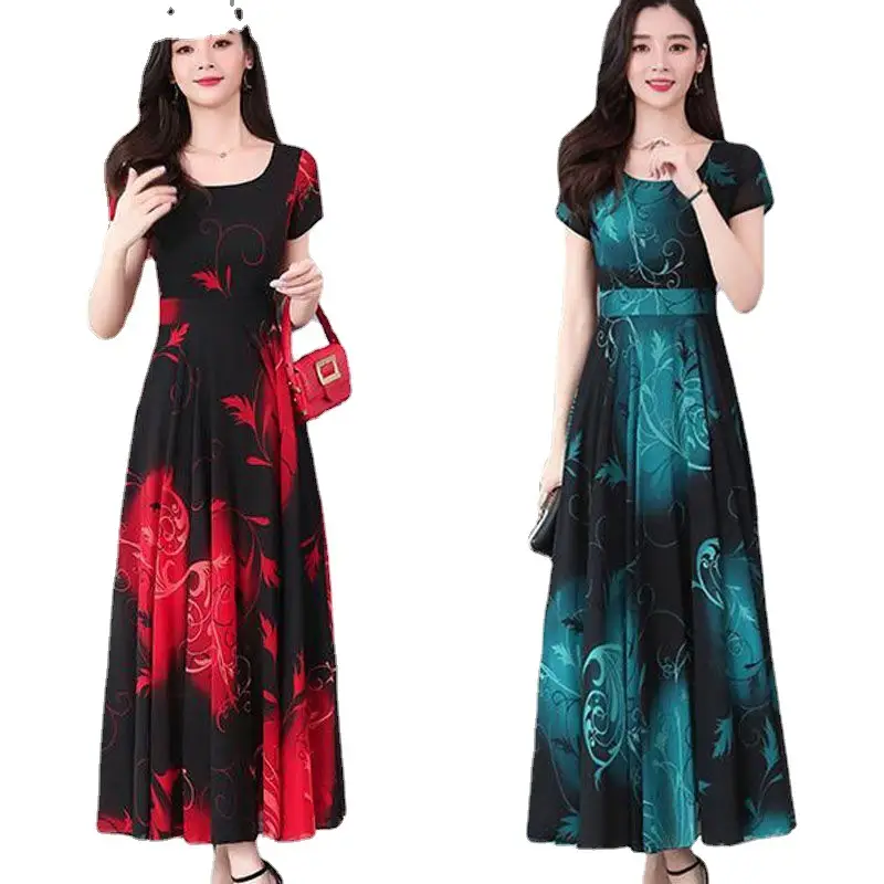 Women's Printed Long Dress Teal Black Summer Wear - Image 9