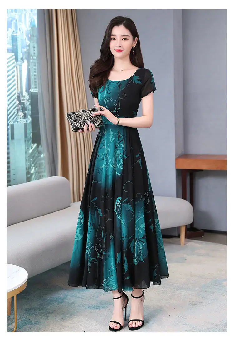Women's Printed Long Dress Teal Black Summer Wear — feature 3