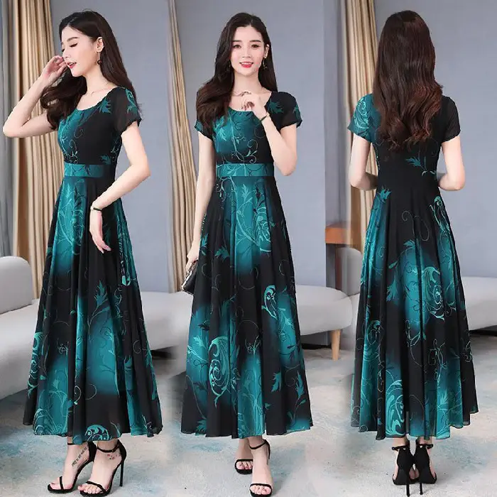 Women's Printed Long Dress Teal Black Summer Wear - Image 3