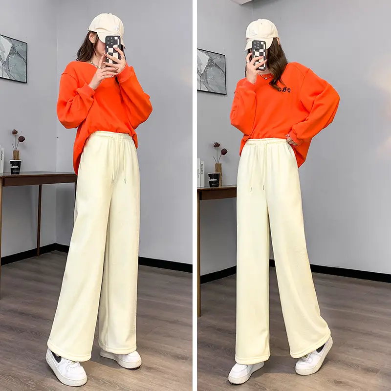 Women Fleece Lined Wide Leg Pants Black White - Image 6