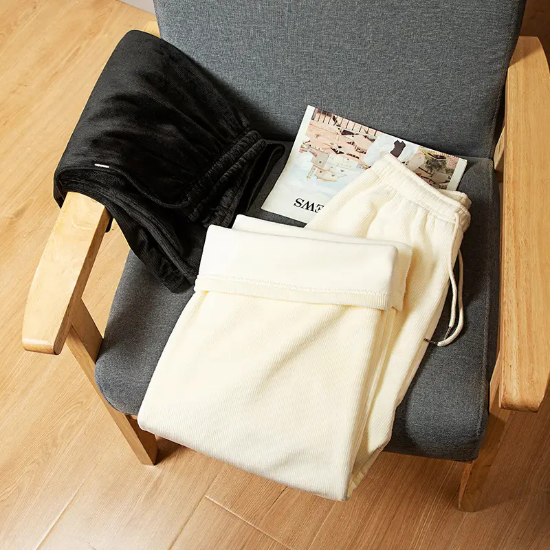 Women Fleece Lined Wide Leg Pants Black White - Image 7