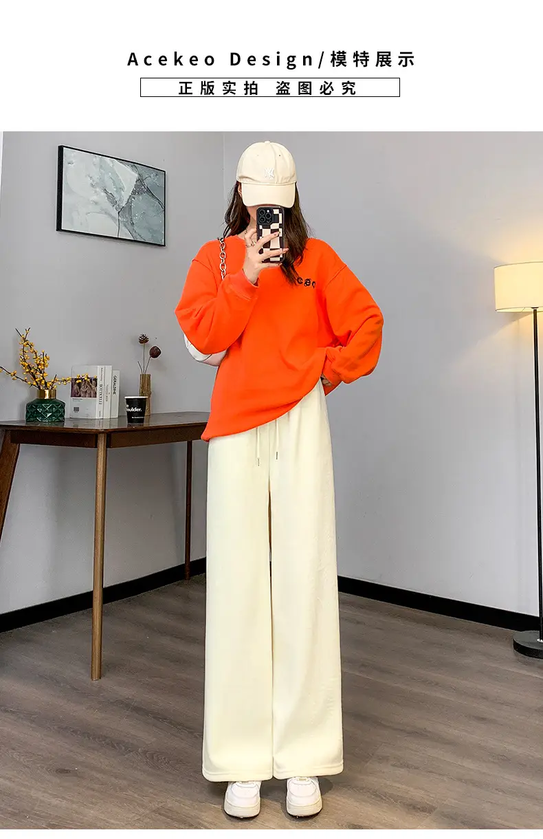 Women Fleece Lined Wide Leg Pants Black White — feature 11