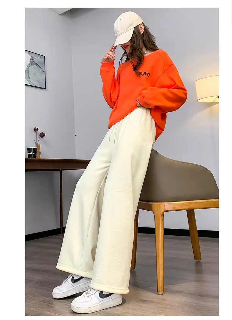 Women Fleece Lined Wide Leg Pants Black White — feature 13