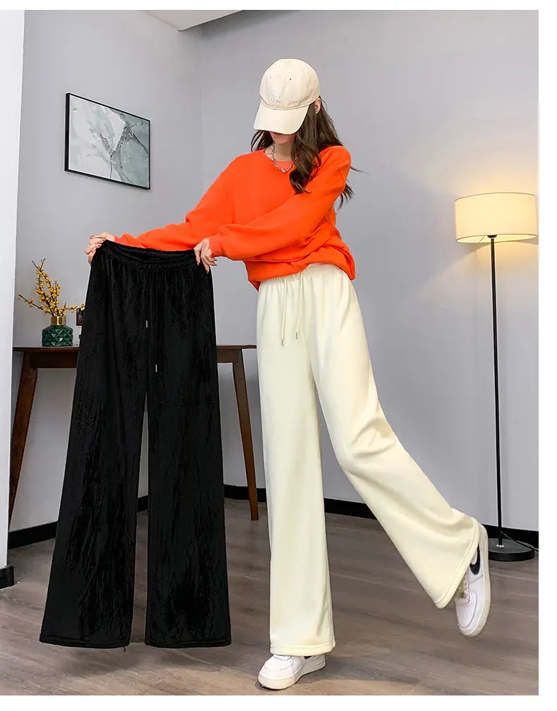 Women Fleece Lined Wide Leg Pants Black White — feature 16