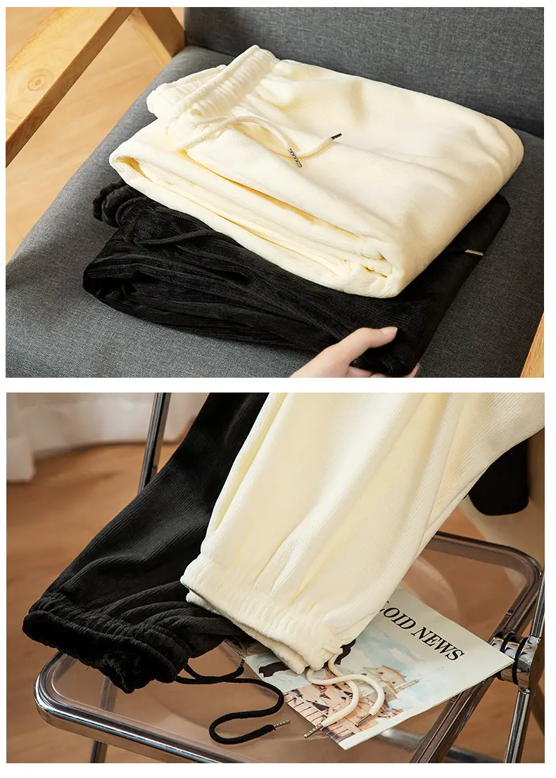 Women Fleece Lined Wide Leg Pants Black White — feature 9