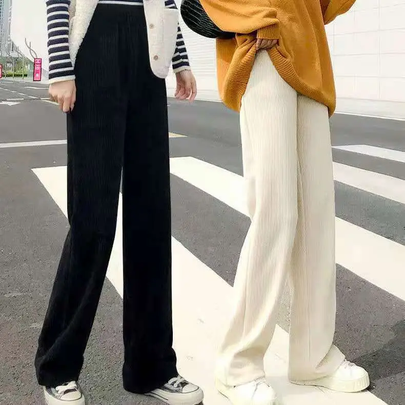 Women Fleece Lined Wide Leg Pants Black White - Image 2