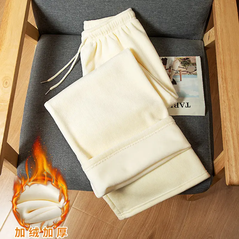 Women Fleece Lined Wide Leg Pants Black White - Image 3