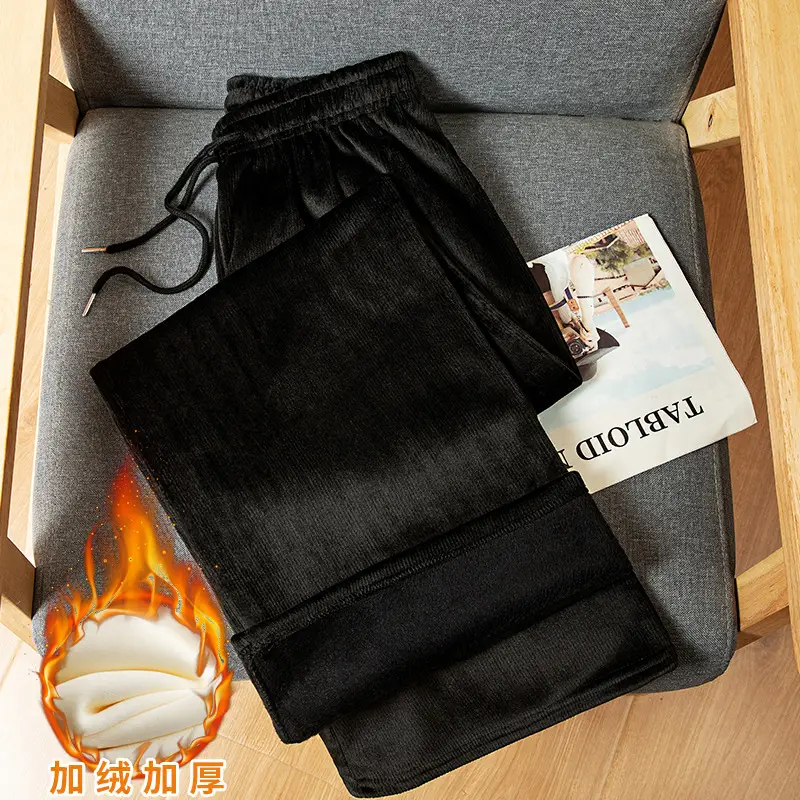 Women Fleece Lined Wide Leg Pants Black White - Image 4