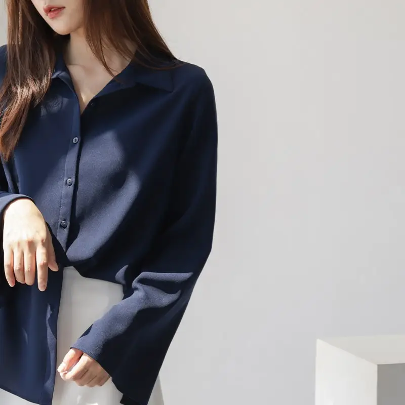 Women Long Sleeve Chiffon Shirt Navy Blue Spring 2025 - Image 5