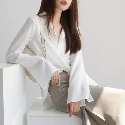 Women Long Sleeve Chiffon Shirt Navy Blue Spring 2025 - Image 6