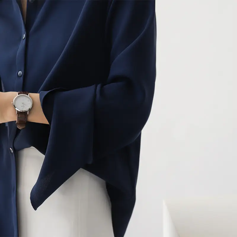 Women Long Sleeve Chiffon Shirt Navy Blue Spring 2025 — feature 4