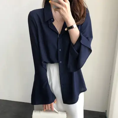 Women Long Sleeve Chiffon Shirt Navy Blue Spring 2025 - Image 2