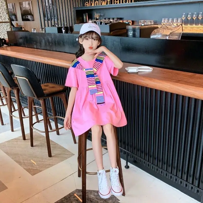Girls Pink Cotton Summer Dress Loose Slim Beach Skirt - Image 4