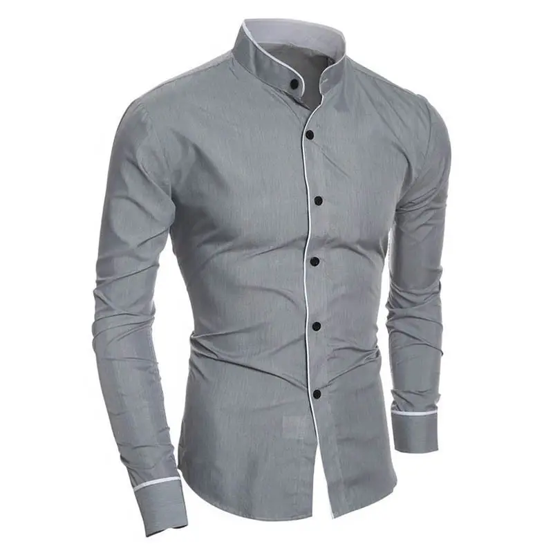 Men's White Slim Fit Stand-Up Collar Shirt - Image 3