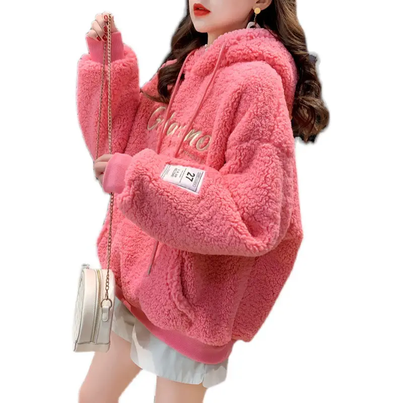 Pink Velvet Hooded Sweatshirt for Women with Embroidered Letters - Image 5