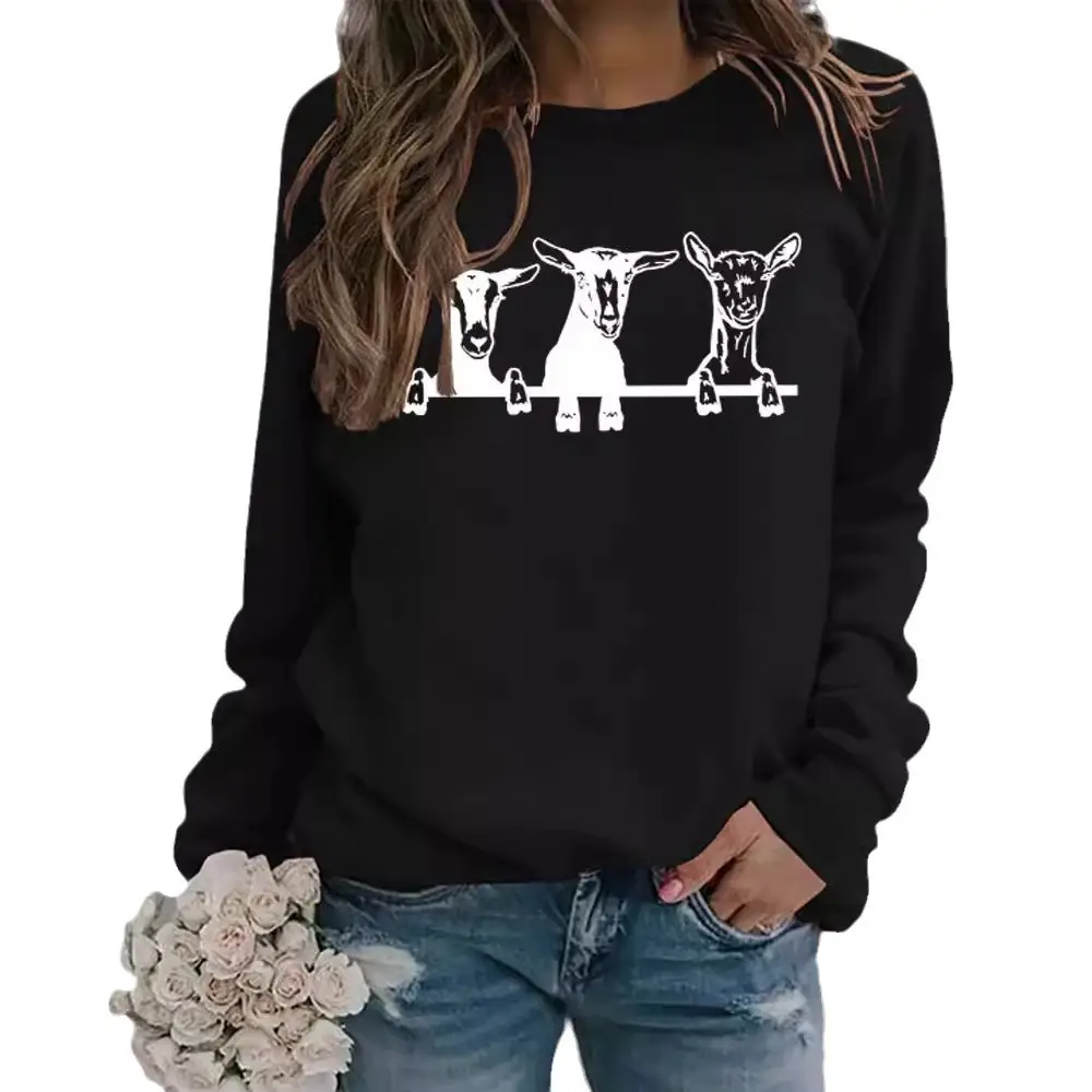 Women's Printed Alpaca Sweatshirt Black Round Neck
