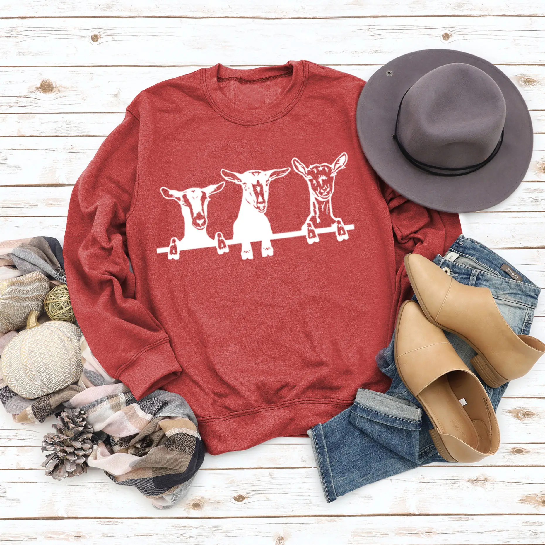 Women's Printed Alpaca Sweatshirt Black Round Neck