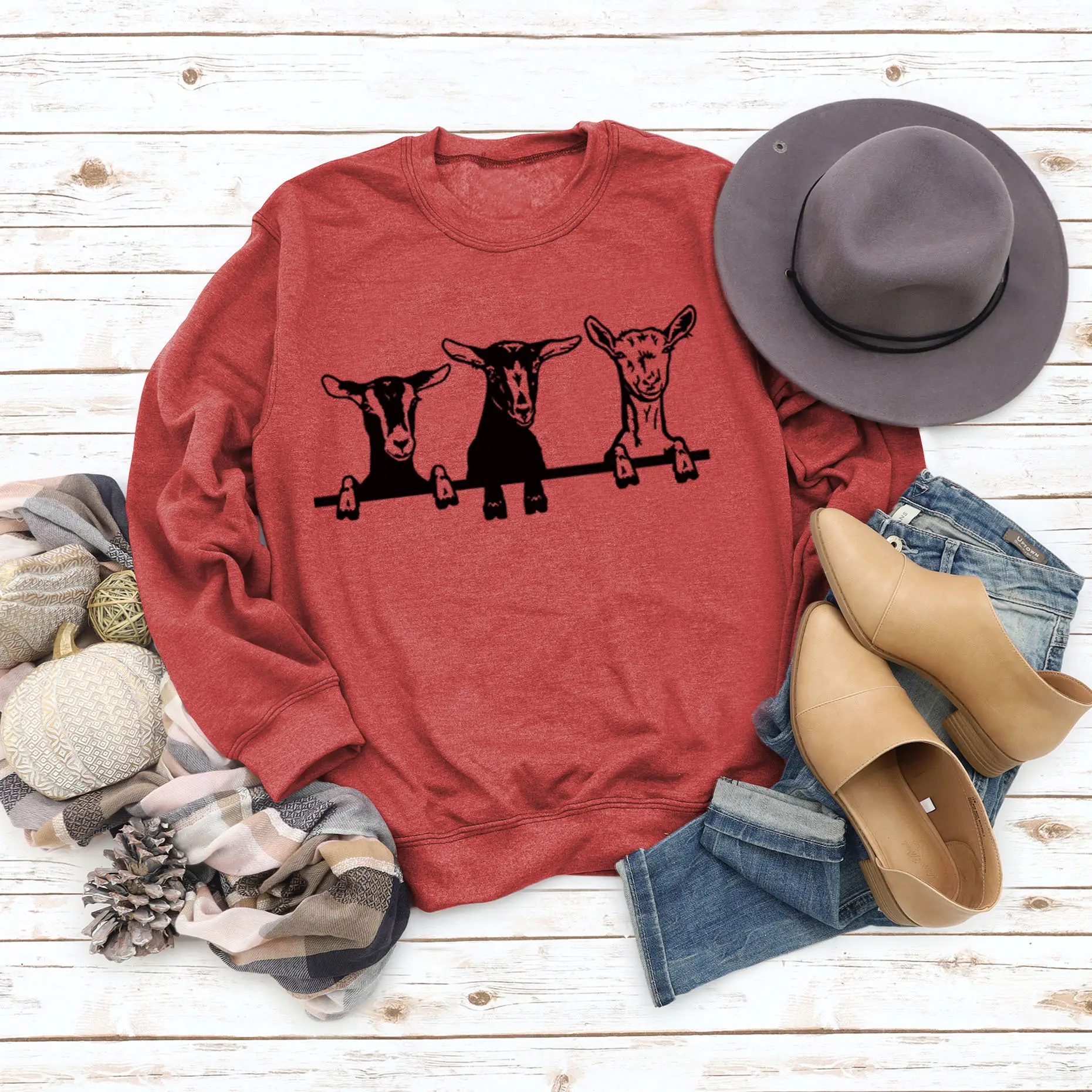 Women's Printed Alpaca Sweatshirt Black Round Neck