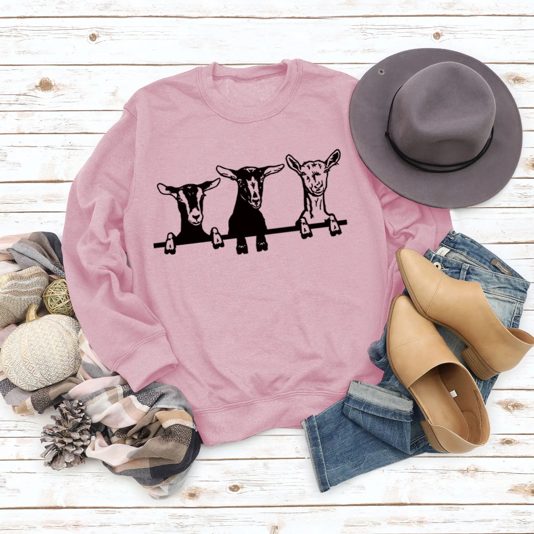 Women's Printed Alpaca Sweatshirt Black Round Neck