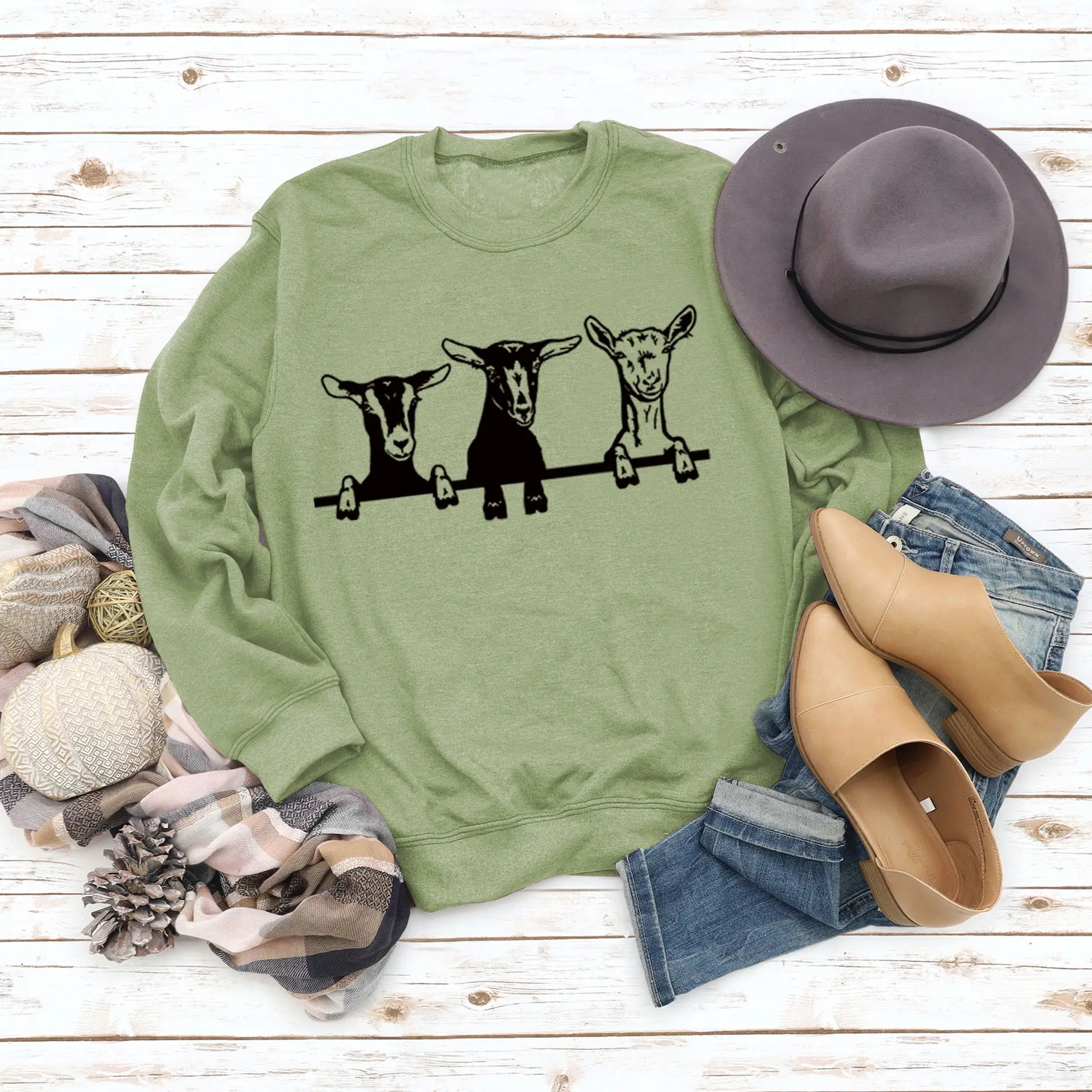 Women's Printed Alpaca Sweatshirt Black Round Neck