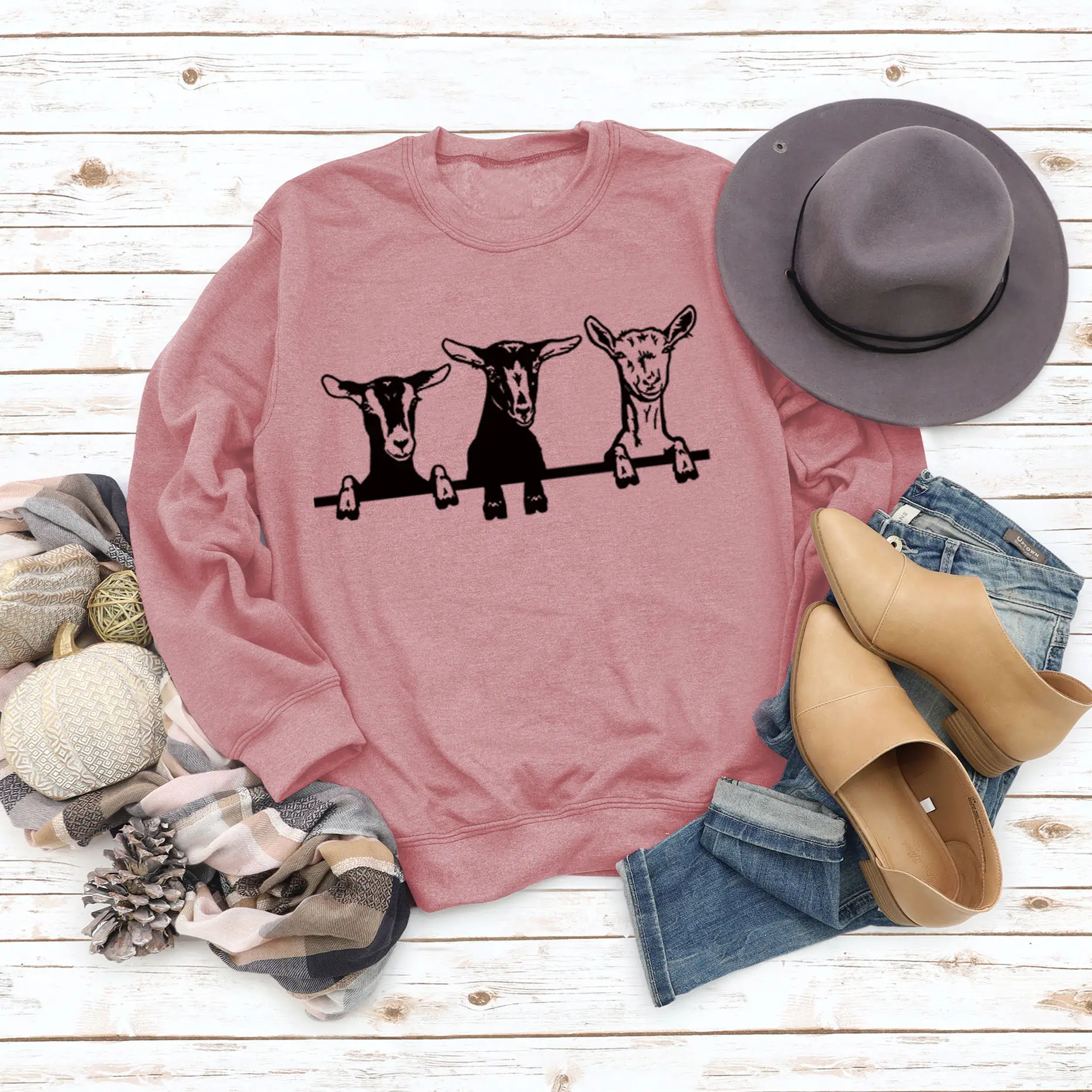 Women's Printed Alpaca Sweatshirt Black Round Neck