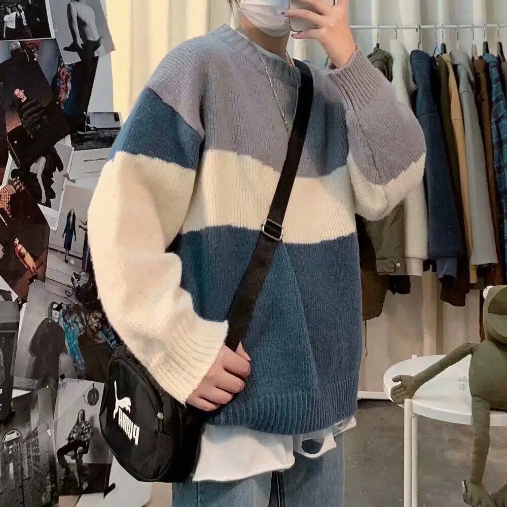Men Korean Style Loose Fit Knit Sweater Blue White - Image 6