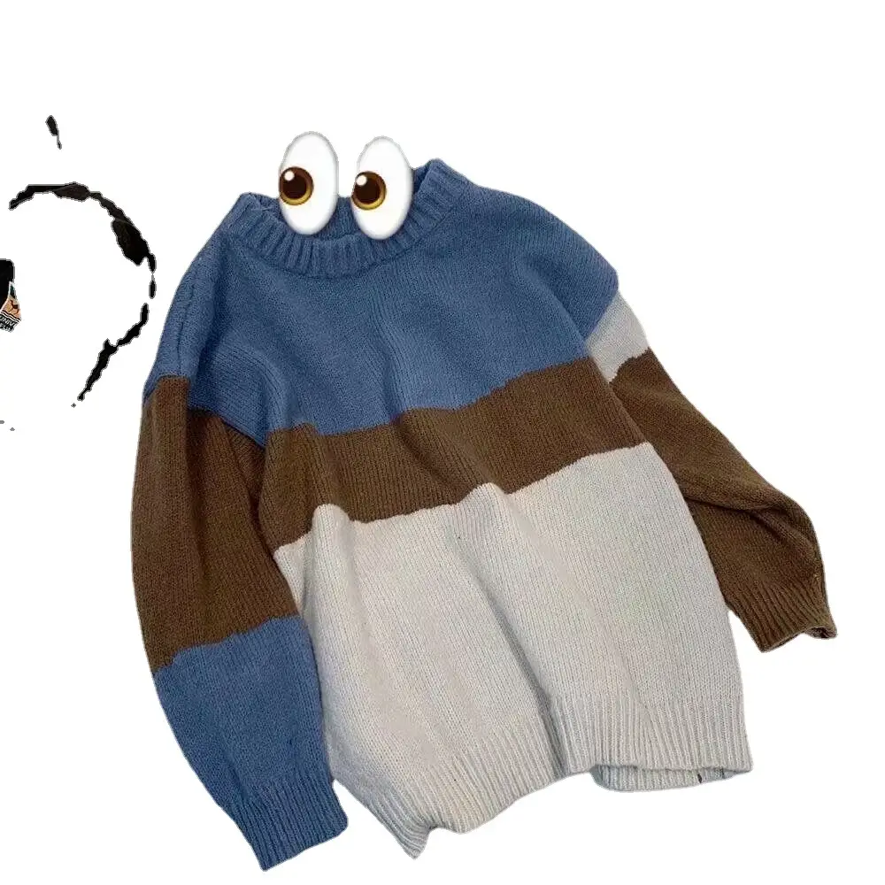 Men Korean Style Loose Fit Knit Sweater Blue White - Image 7