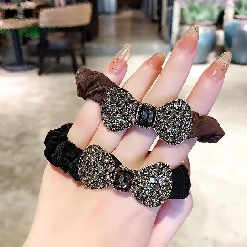 Korean Bow Crystal Hair Ring Brown Rubber Band