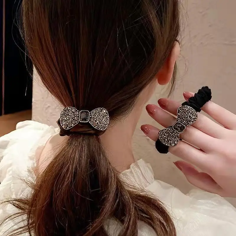Korean Bow Crystal Hair Ring Brown Rubber Band