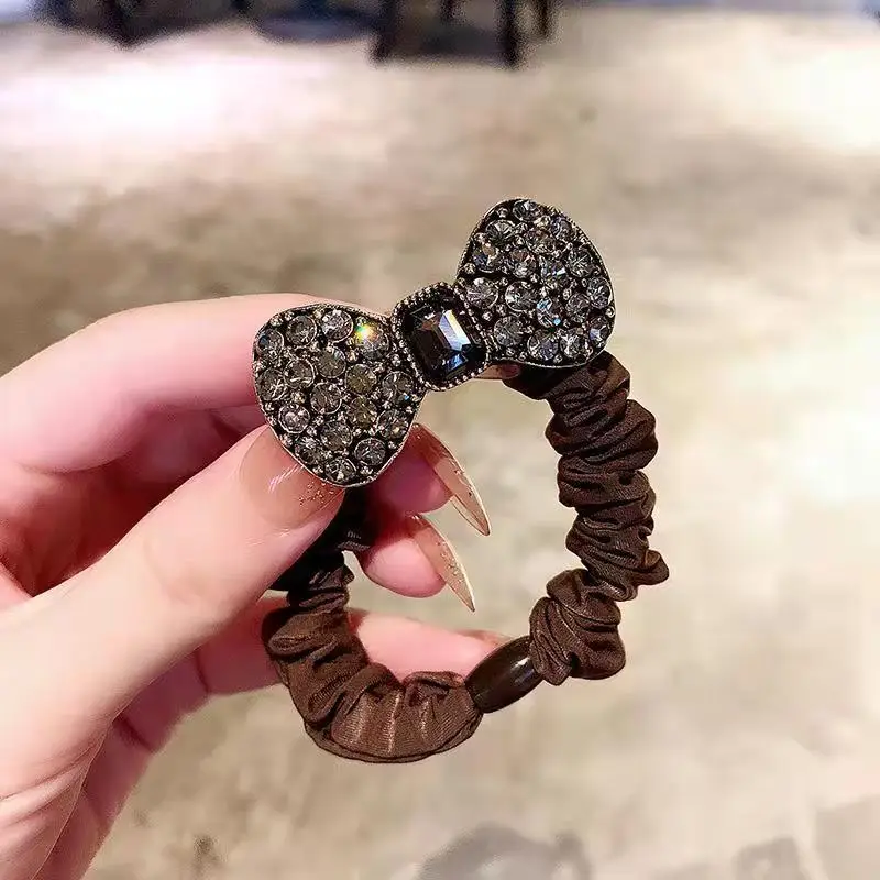Korean Bow Crystal Hair Ring Brown Rubber Band